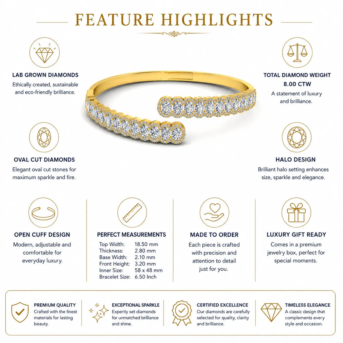 OctaPearl Oval Lab Grown Diamond Open Cuff Bracelet in Gold
