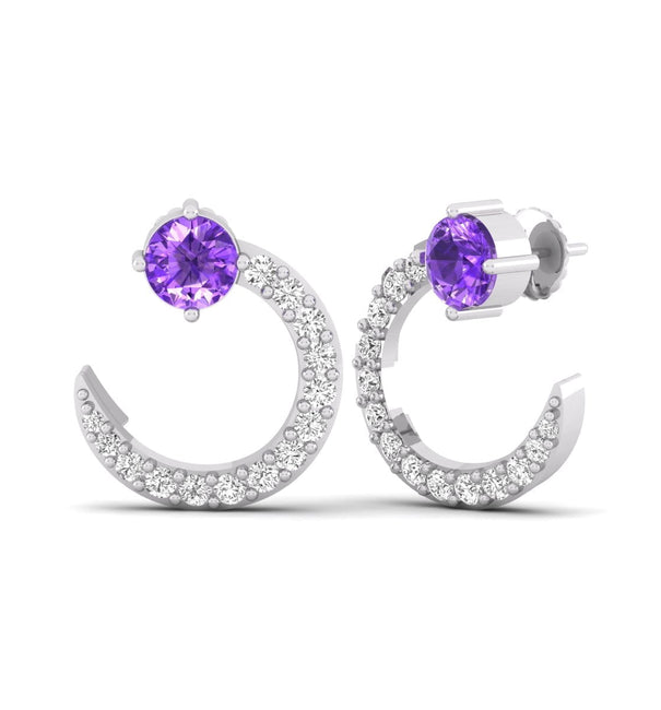 Round Cut Purple CZ Stone Half Moon Design Push Back Stud Earrings For Mother's Day Gift