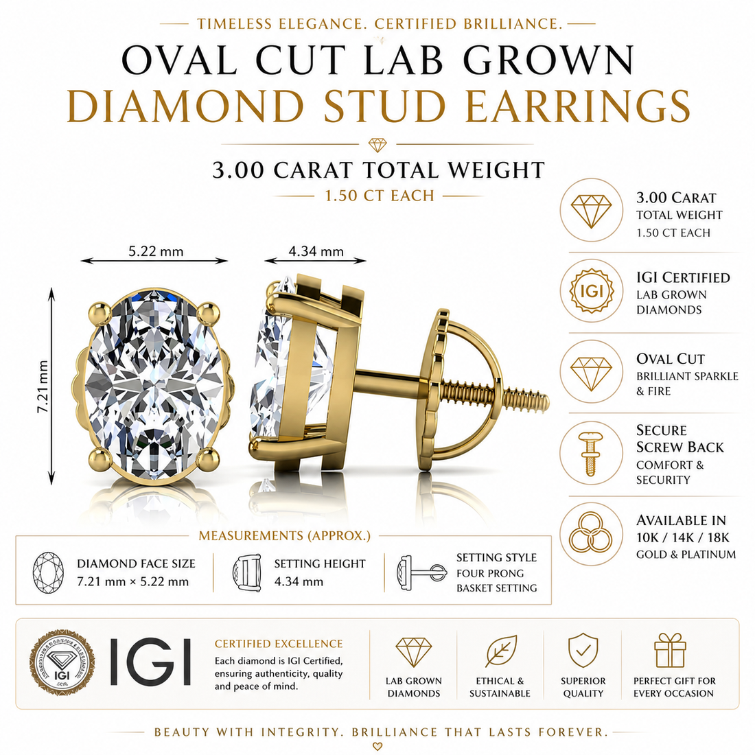 OctaPearl Oval Cut 3.00 ct IGI Certified Lab Grown Diamond Stud Earrings