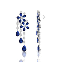 Blue Sapphire Pear Cut CZ Stone Teardrop Style Floral Motif Drop Dangle Earrings