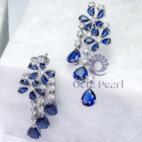 Blue Sapphire Pear Cut CZ Stone Teardrop Style Floral Motif Drop Dangle Earrings