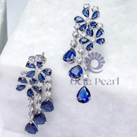 Blue Sapphire Pear Cut CZ Stone Teardrop Style Floral Motif Drop Dangle Earrings