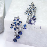 Blue Sapphire Pear Cut CZ Stone Teardrop Style Floral Motif Drop Dangle Earrings