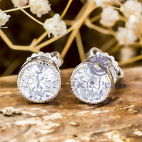 Solitaire Studs Earrings with Milgrain Halo