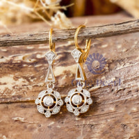 Antique Victorian Style Round Moissanite Floral Inspire Two Tone Gold Drop Earrings