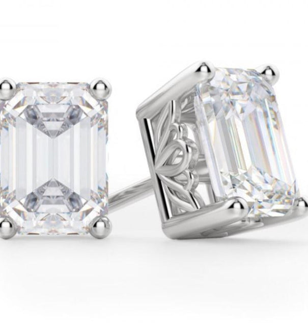 Emerald Cut Diamond Stud Earrings in 10k white gold