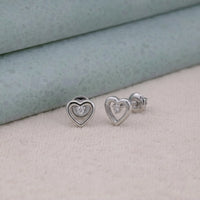 Heart Shape CZ Stud Earrings with Round Center Stone and Screw Back Closure