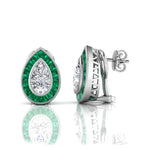 Pear With Green Baguette CZ Stone Bezel Set Halo Vintage Look Stud Earrings