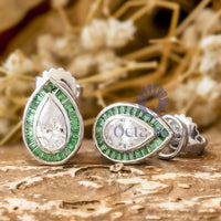 Pear With Green Baguette CZ Stone Bezel Set Halo Vintage Look Stud Earrings