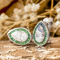 Pear With Green Baguette CZ Stone Bezel Set Halo Vintage Look Stud Earrings