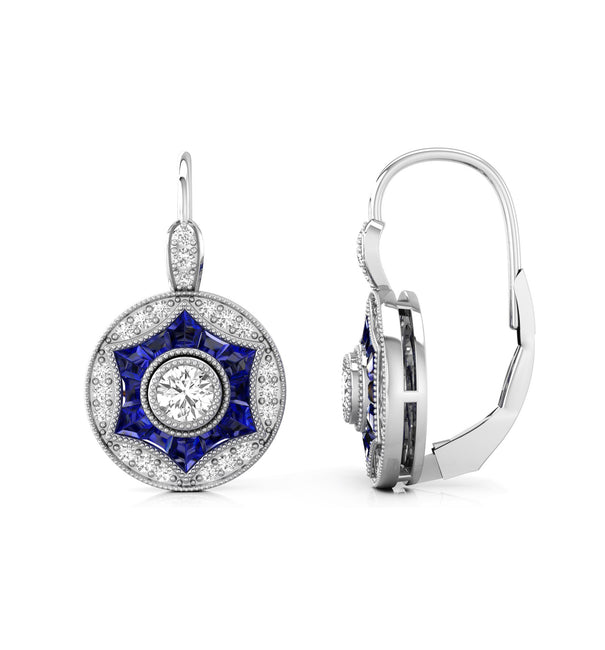 White And Sapphire Round & Baguette Cut Diamond Earring