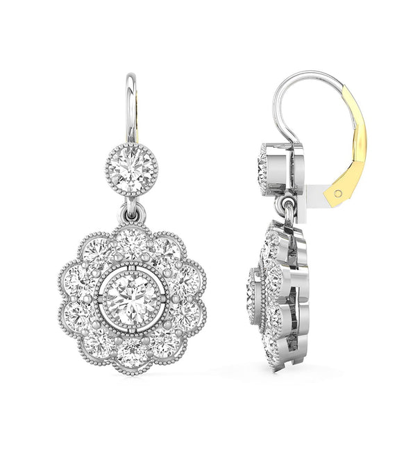 Two Tone Round Cut Moissanite Floral Inspire Earlobe Lever Back Drop Dangle Earring