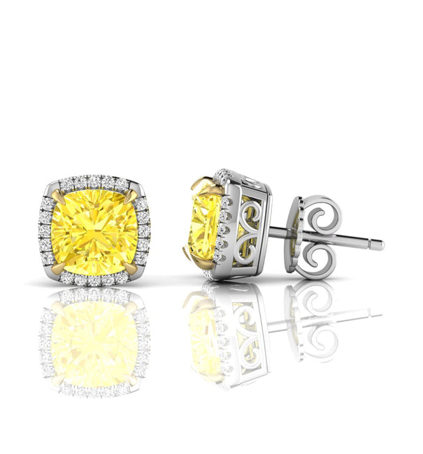 Cushion Cut Yellow CZ Stone Frame Stud Push Back Earrings (4 1/5 TCW)