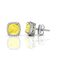 Cushion Cut Yellow CZ Stone Frame Stud Push Back Earrings