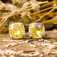 Cushion Cut Yellow CZ Stone Frame Stud Push Back Earrings