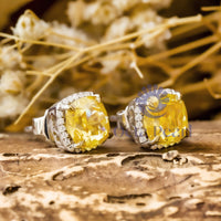 Cushion Cut Yellow CZ Stone Frame Stud Push Back Earrings