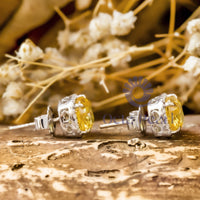 Cushion Cut Yellow CZ Stone Frame Stud Push Back Earrings