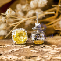 Cushion Cut Yellow CZ Stone Frame Stud Push Back Earrings