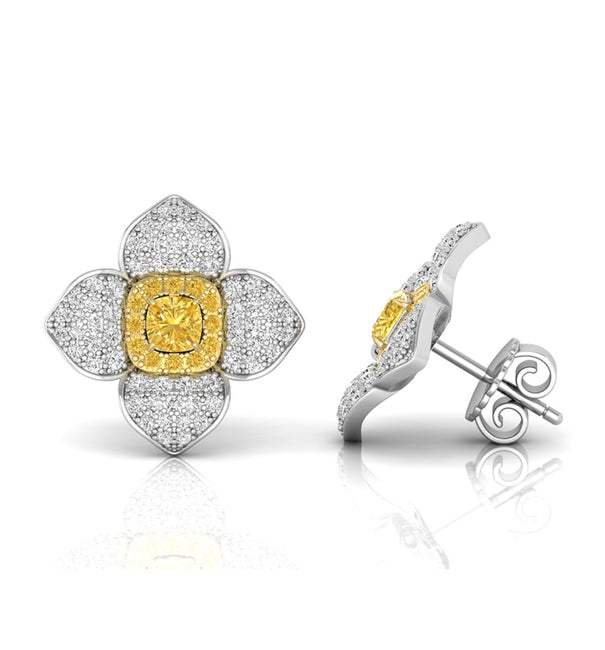 Yellow Cushion Cut CZ Stone Floral Inspire Stud Earring For Mother's Day Gift ( 1 7/10 TCW )