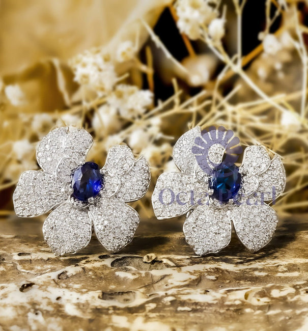 Blue Sapphire Oval & Round Cut CZ Stone Orchid Flower Stud Earrings