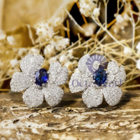 Blue Sapphire Oval & Round Cut CZ Stone Orchid Flower Stud Earrings