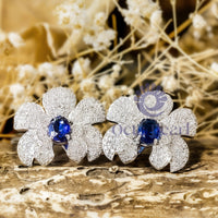 Blue Sapphire Oval & Round Cut CZ Stone Orchid Flower Stud Earrings