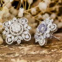 Round & Marquise Cut CZ Stone Frame Floral Inspire Stud Earrings