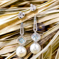 Pearl With Aqua Radiant Cut CZ Stone Halo Drop Dangle Party Wear Earrings