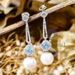 Pearl With Aqua Radiant Cut CZ Stone Halo Drop Dangle Party Wear Earrings