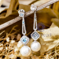 Pearl With Aqua Radiant Cut CZ Stone Halo Drop Dangle Party Wear Earrings