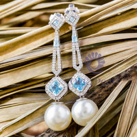 Pearl With Aqua Radiant Cut CZ Stone Halo Drop Dangle Party Wear Earrings