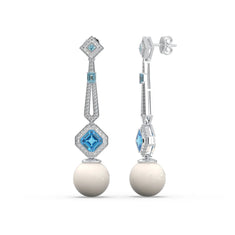 Pearl With Aqua Radiant Cut CZ Stone Halo Drop Dangle Party Wear Earrings