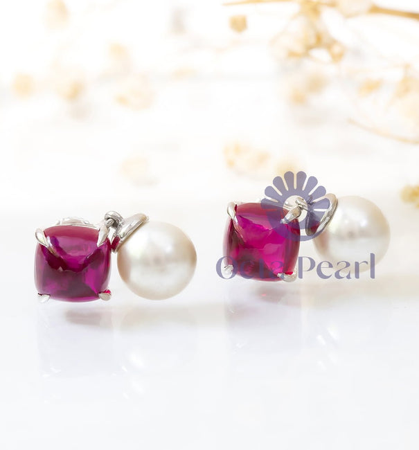 Pink Cushion Shape Cabochon With Pearl Drop Screw back Earrings For Birthday Gift