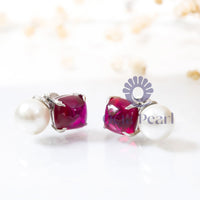 Pink Cushion Shape Cabochon With Pearl Drop Screw back Earrings For Birthday Gift