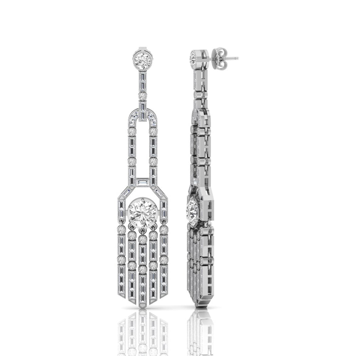 Round & Baguette Cut CZ Stone Edwardian Dangle Earrings