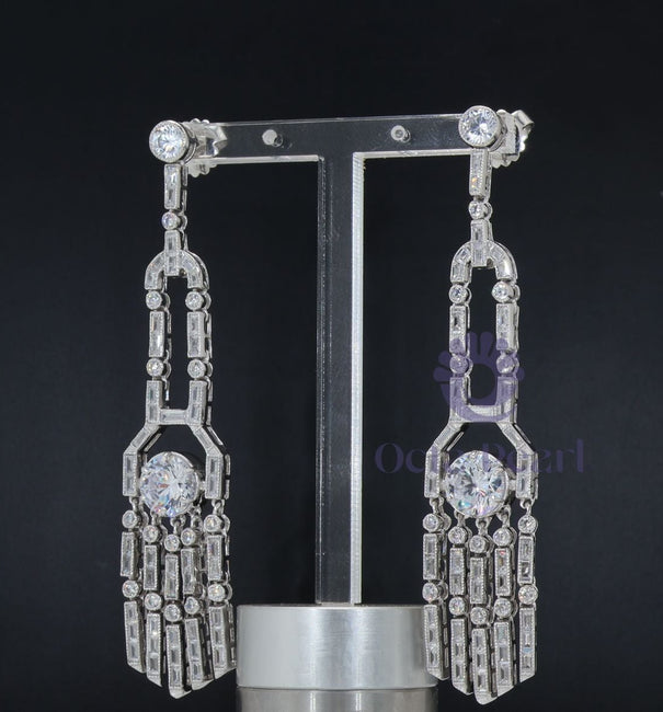 Round & Baguette Cut CZ Stone Edwardian Dangle Earrings