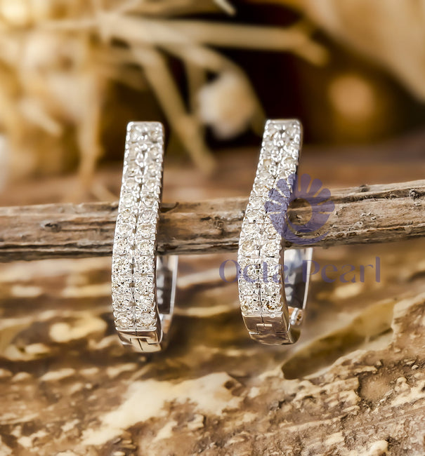 U Shape Two Row Huggie Earrings In Round Cut Moissanite