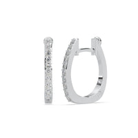 Pair of silver hoop earrings with diamond accents on a white background