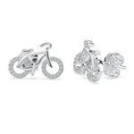 Silver bicycle-shaped earrings on a white background, Round Moissanite Dainty Minimalist Bicycle Stud Earrings