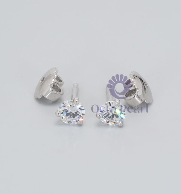 Round Moissanite Three Prong Solitaire Push Back Stud Earrings