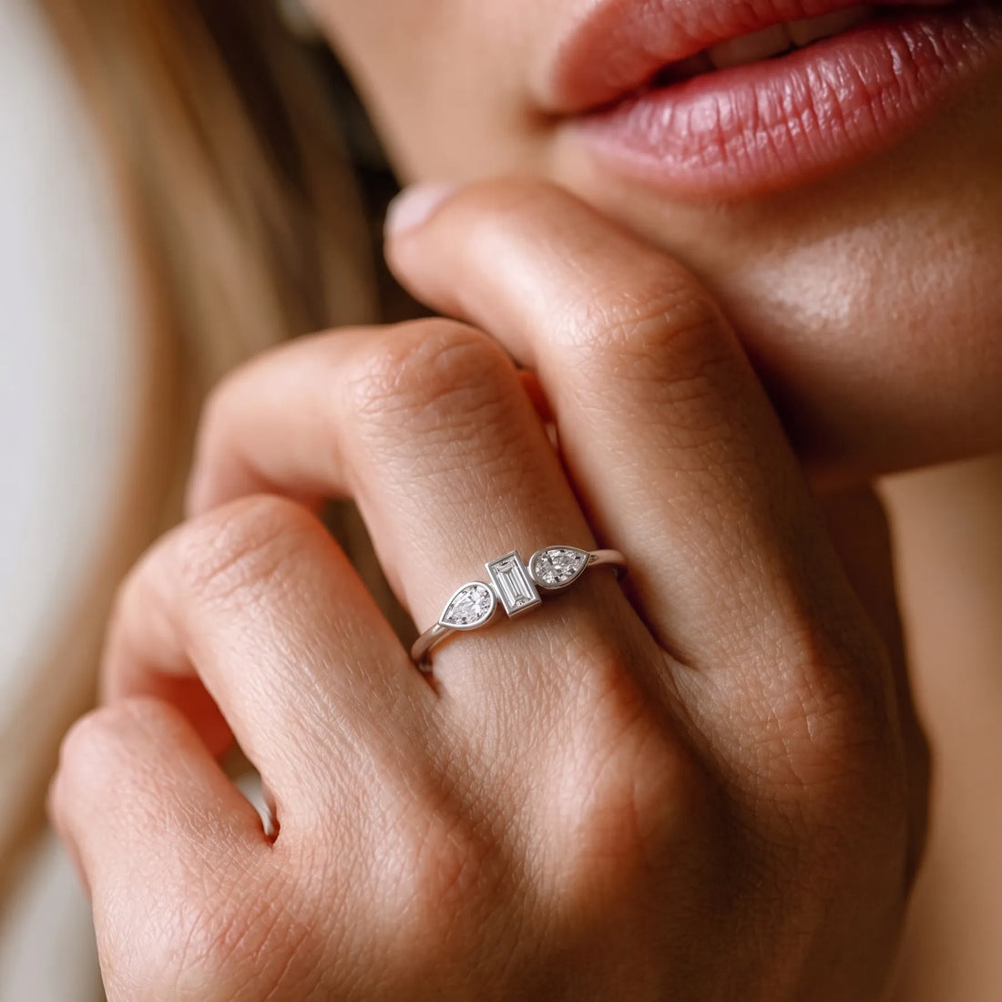 OctaPearl Baguette & Pear Lab Grown Diamond Three Stone Engagement Ring