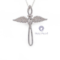 Women’s Round Moissanite Angel Wings Cross Religious Pendant