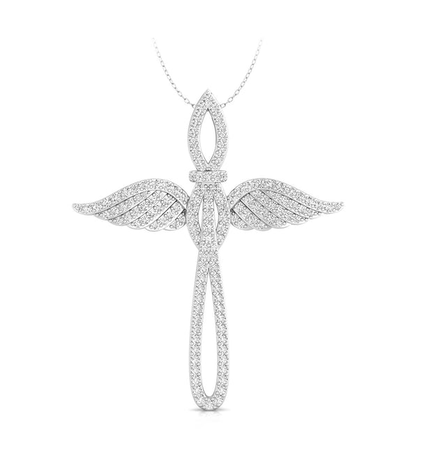 Women's Round Moissanite Angel Wings Cross Religious Pendant For Christmas Gift