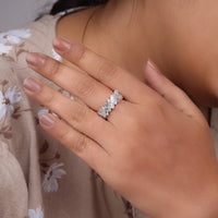 Hand wearing a silver ring, baguette eternity ring, bridal ring set, wedding ring for her, minimalist ring, art deco band, vintage inspired ring