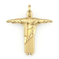 Gold pendant of a religious figure on a white background