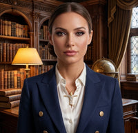 Woman in a formal outfit standing in a room with bookshelves and a lamp.