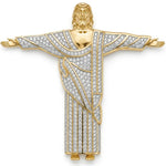 Gold and diamond-encrusted statue of a religious figure on a white background
