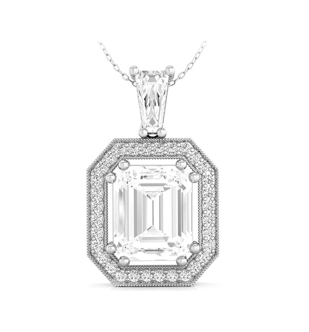 Emerald & Round Cut CZ Stone Halo Set Women's Charm Pendant Without Chain In 925 Silver