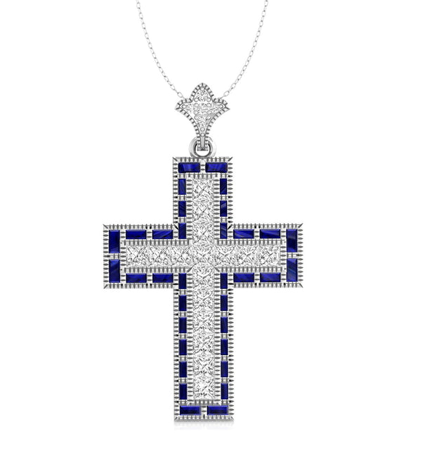 White Princess & Blue Sapphire Baguette Cut CZ Stone Religious Hip Hop Cross Vintage Pendant For Men & Women