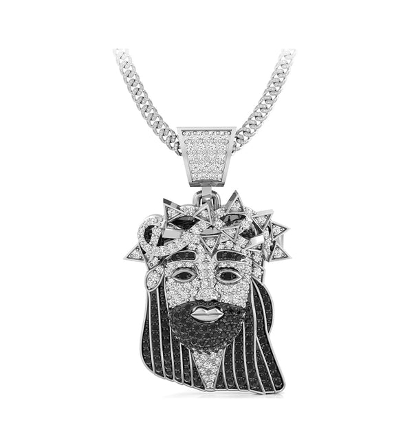 Crying Jesus Head Men's White & Black Round Cut CZ Stone Religious Handmade 925 Silver Pendant